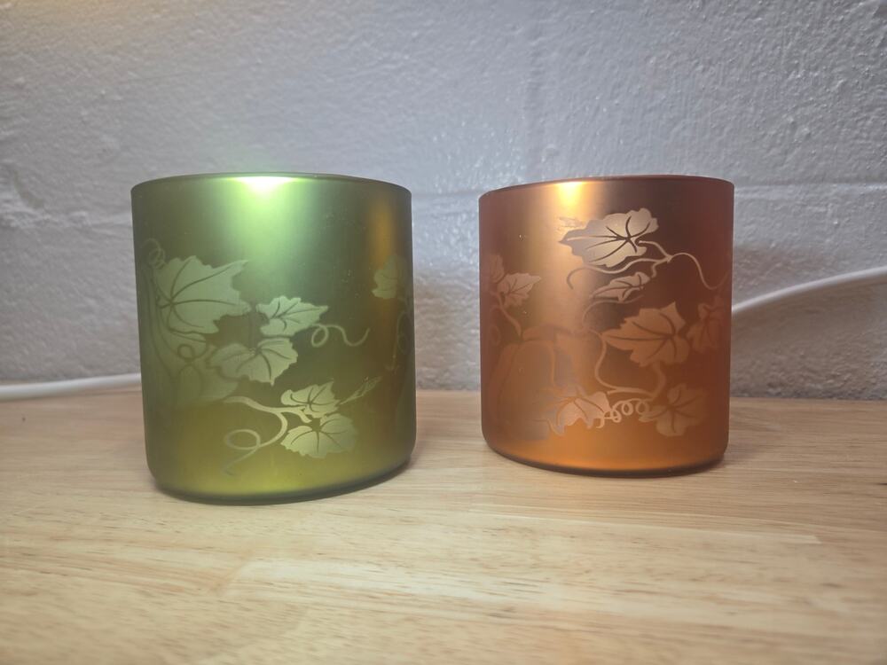 Vintage Frosted Glass Grapevine Candle Holders Green Amber Set of 2